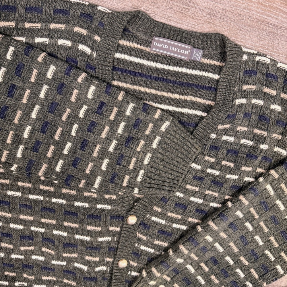 VTG David Taylor Chunky Knit Cardigan Mens XLT Sweater Geometric Retro Grandpa